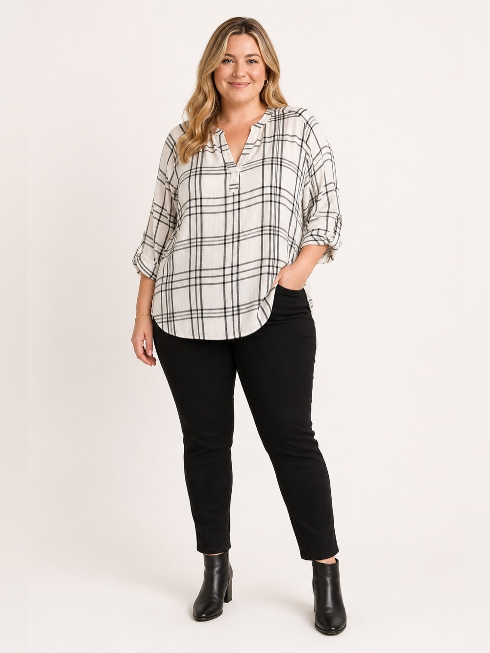 Jane + Delancey Oversized Plaid Blouse Cream Black NWT Size 2X